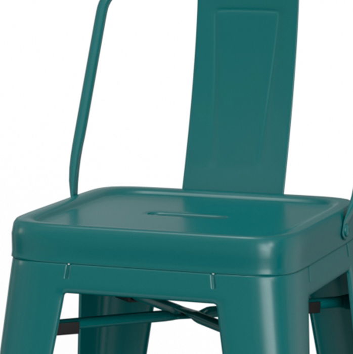A close-up of the Rayne - Multifunctional Metal Stool in teal, highlighting its seat, backrest, and legs against a plain white background.