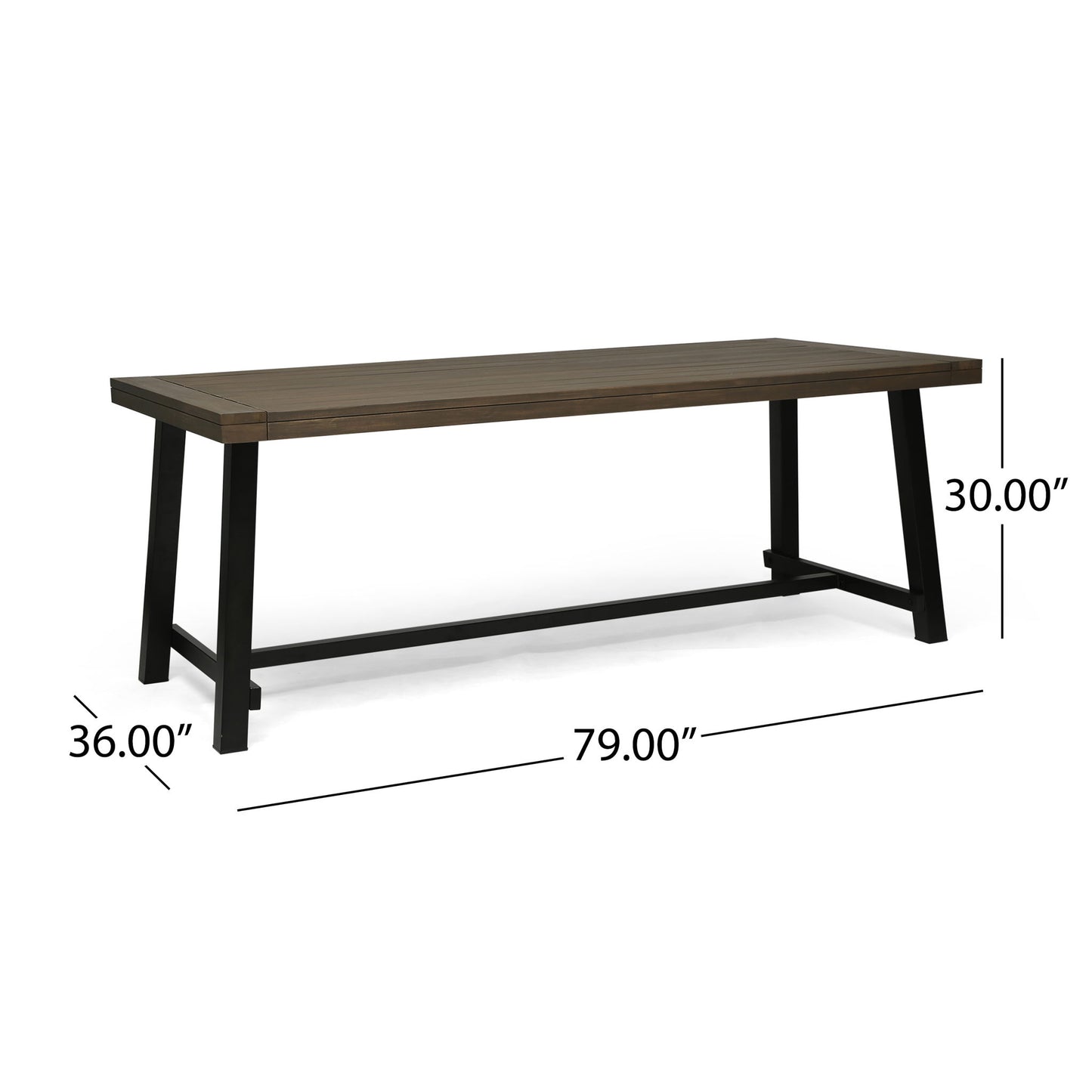 The Outdoor Dining Table features a gray rectangular top with rustic metal angled legs. Its dimensions are 79 inches long, 36 inches wide, and 30 inches high.