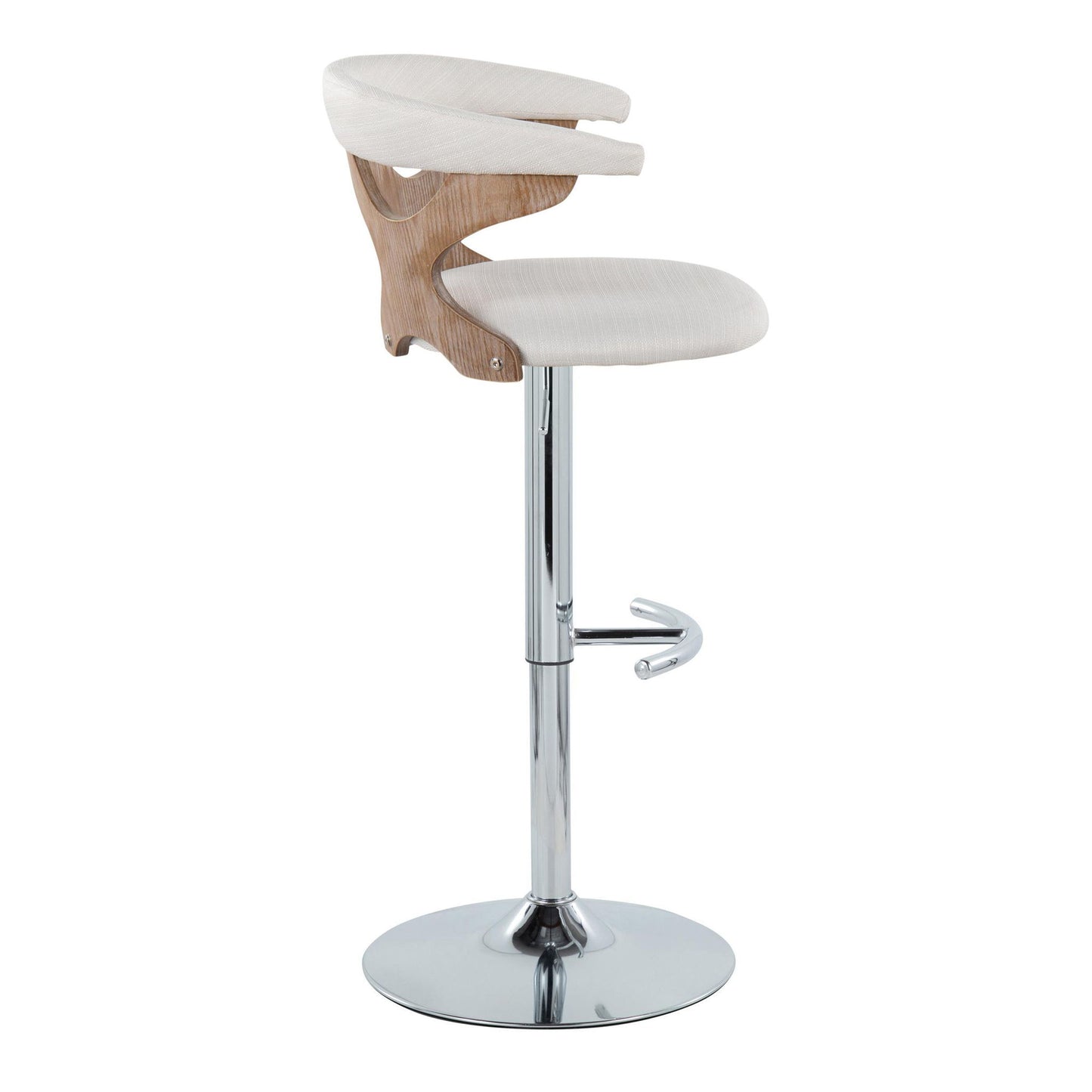 The Gardenia Contemporary Adjustable Barstool (Set of 2) features a chrome base, swivel, rounded T footrest, adjustable height, and a light fabric seat with a curved wooden accent on the back support.