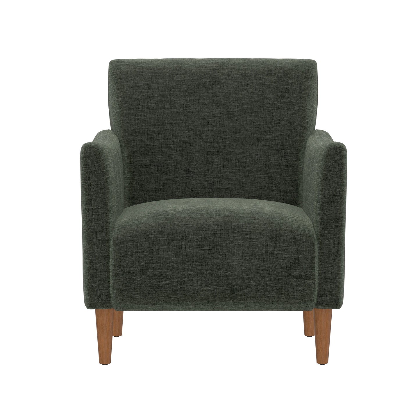 The Lexi Accent Chair in green features modern dark green upholstery and wooden legs, displayed from the front on a white background.