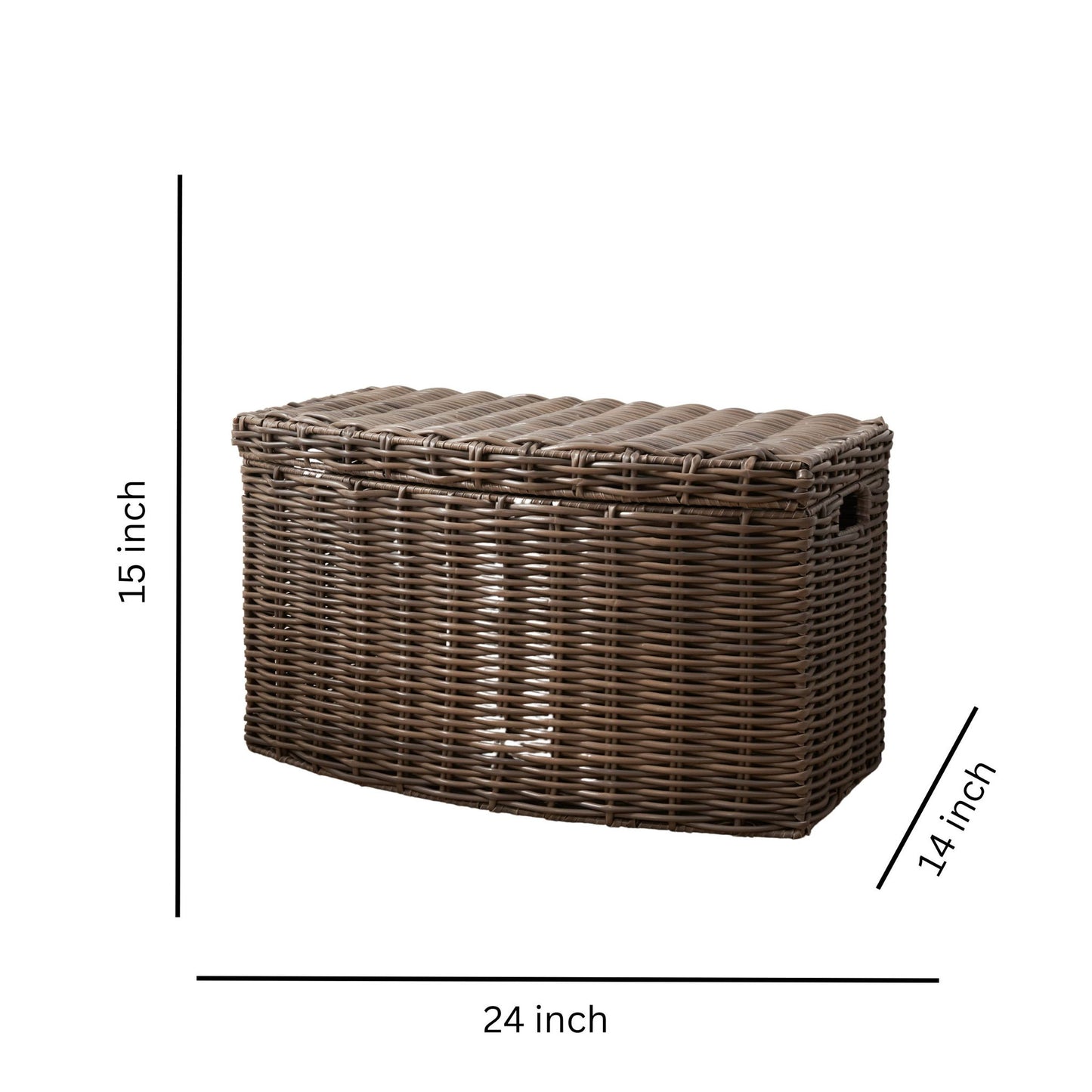 The Joseph Rectangular Curve Resin Woven Wicker Trunk With Handles in Walnut Brown, measuring 24"W x 15"H x 14"D, is shown on a white background with dimension lines.