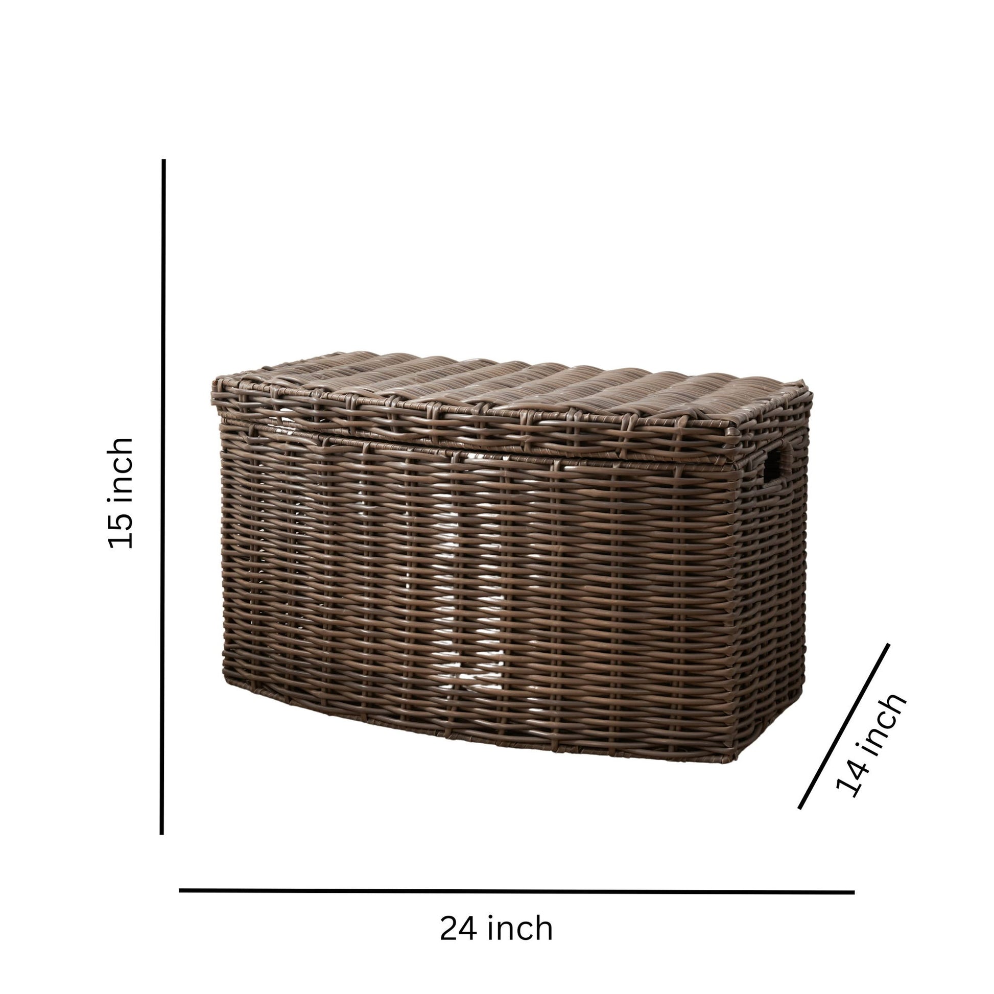 The Joseph Rectangular Curve Resin Woven Wicker Trunk With Handles in Walnut Brown, measuring 24"W x 15"H x 14"D, is shown on a white background with dimension lines.