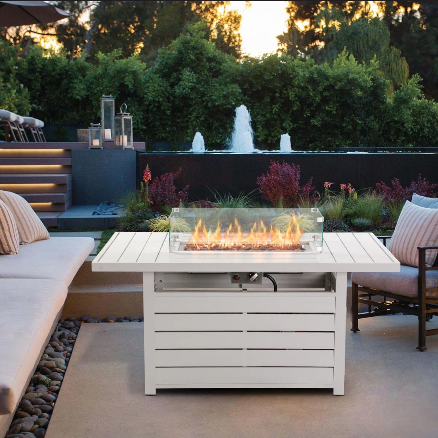 Rectangular Propane Fire Pit Table With Burner, Lava Rock, Waterproof Cover