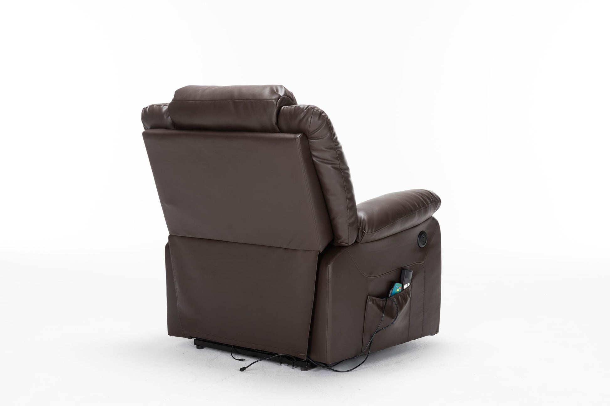 The Electric Power Massage Recliner Chair is shown angled from the back in dark brown leather, featuring a side pocket with remote control and a visible power cord at the base. The chair is set against a plain white background.