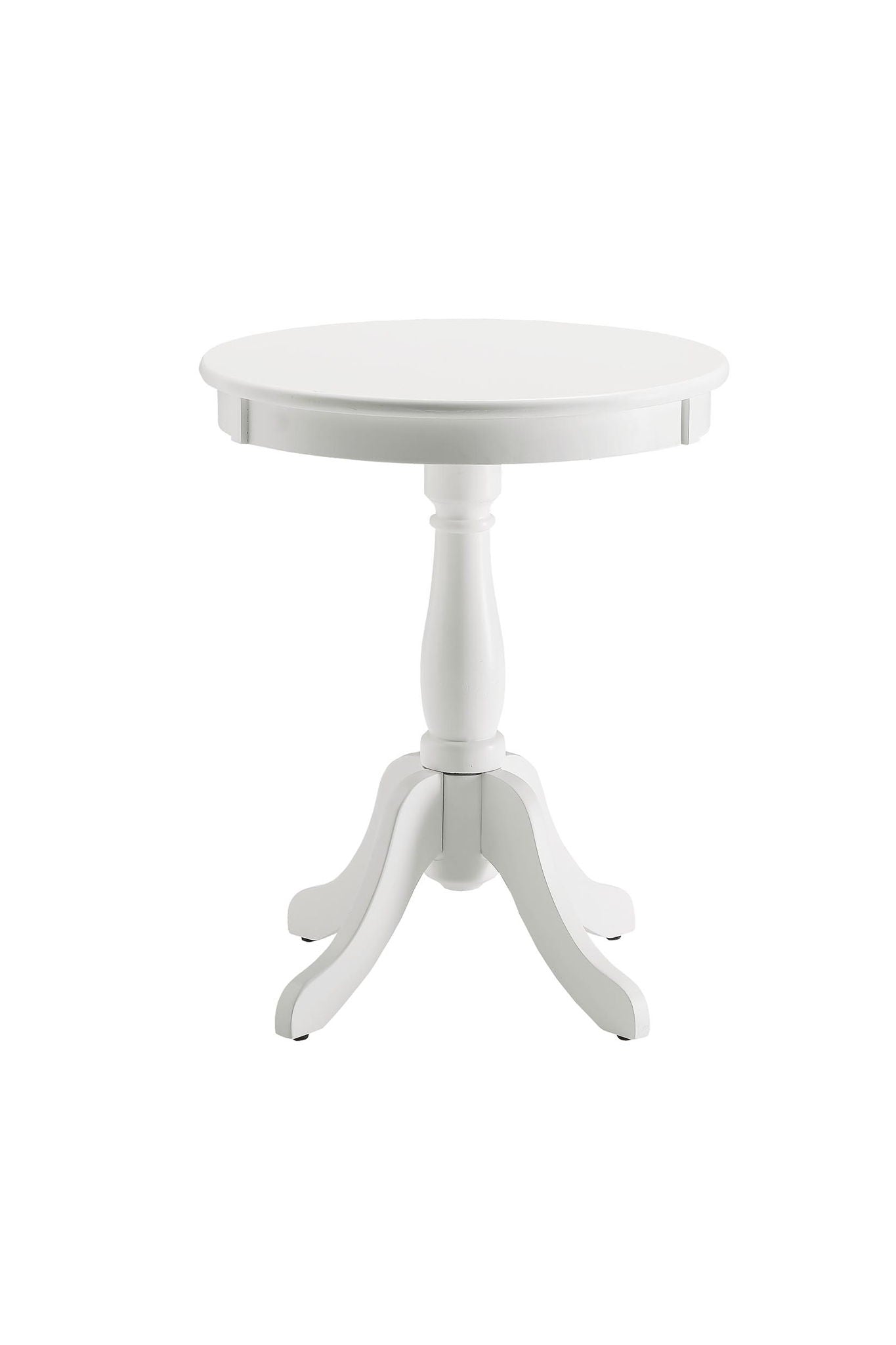 The Alger Accent Table in white features a round wooden top, a single pedestal base, and four curved legs, displayed against a plain white background.