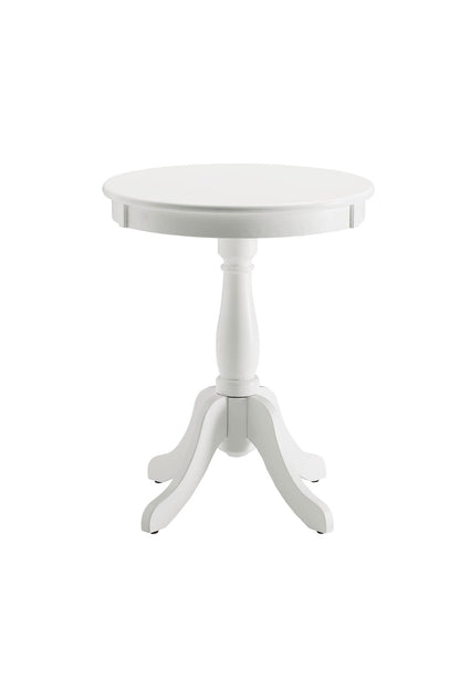 The Alger Accent Table in white features a round wooden top, a single pedestal base, and four curved legs, displayed against a plain white background.