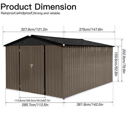 10'x12' Garden Sheds Outdoor Storage Shed in brown metal with black roof and front door. Dimensions shown: 202.9 cm (H) x 375 cm (L) x 307.8 cm (W). Text reads "Product Dimension" with sizes in cm and inches.