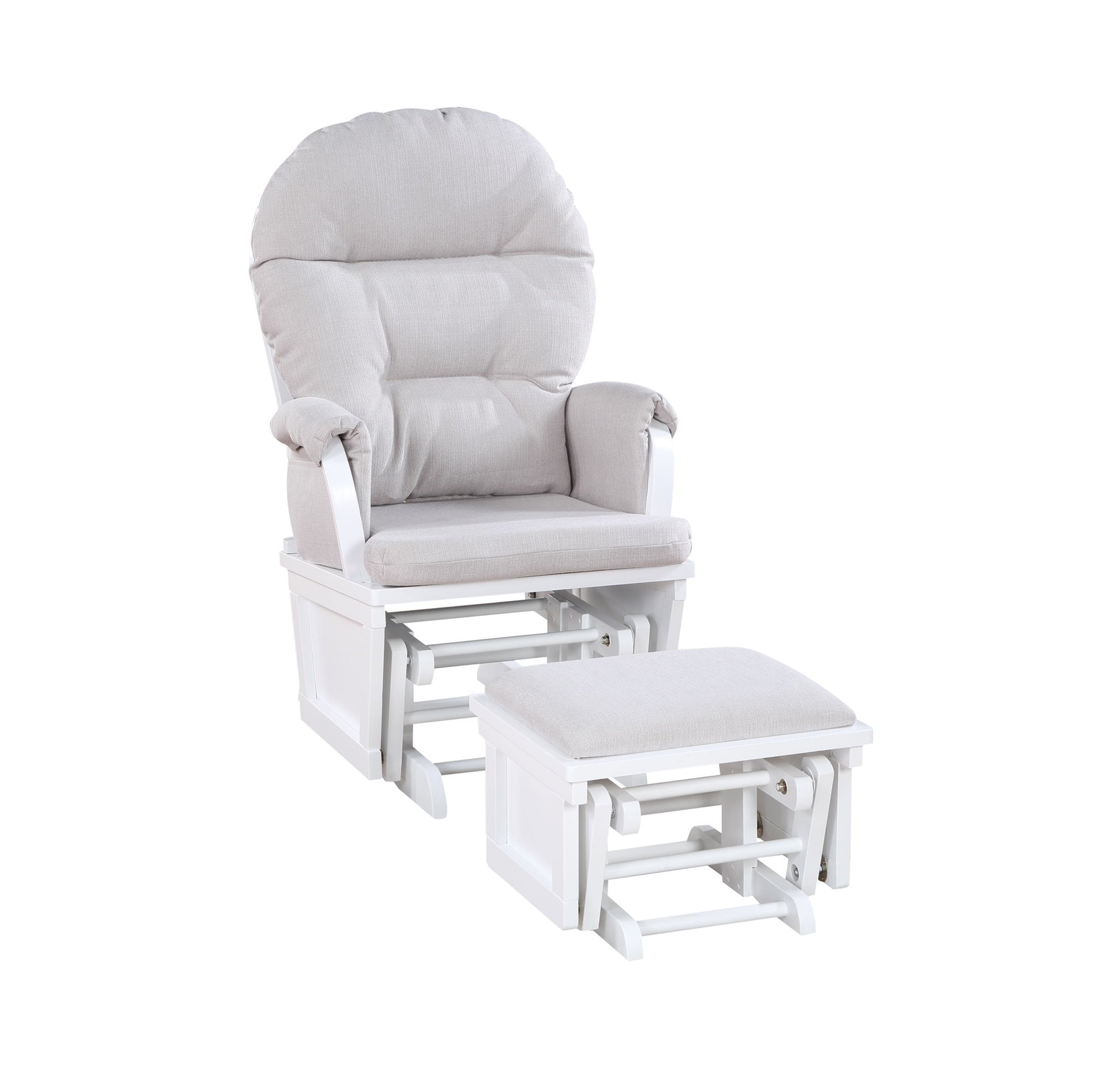 The Madison - Glider & Ottoman - White Base features a cushioned beige glider chair with padded armrests and a matching ottoman, both set on white wooden frames with smooth gliding mechanisms. Shown on a white background.