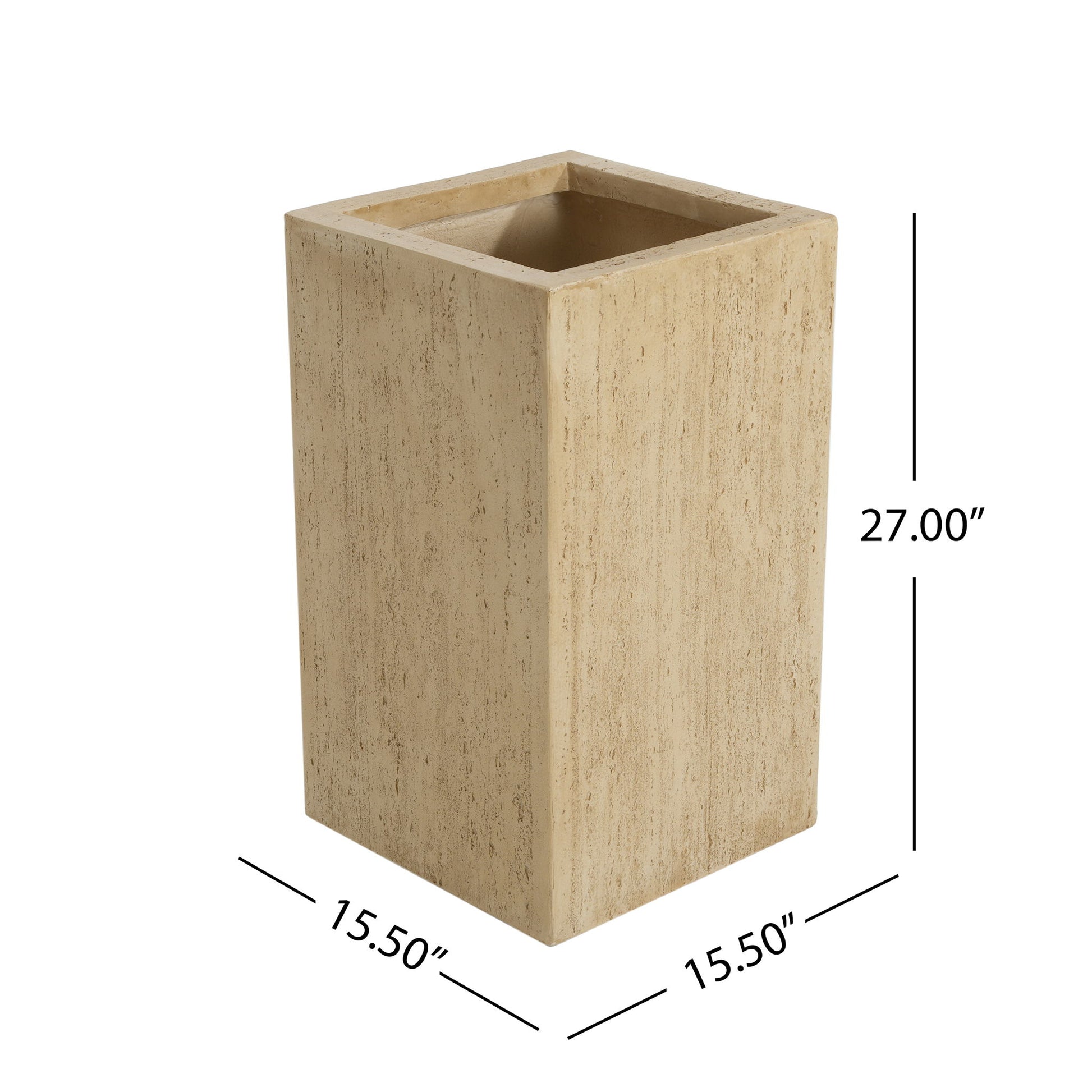 The Modern Outdoor Planter is a rectangular, beige stone planter with a natural texture, measuring 27" tall and 15.5" wide and deep.