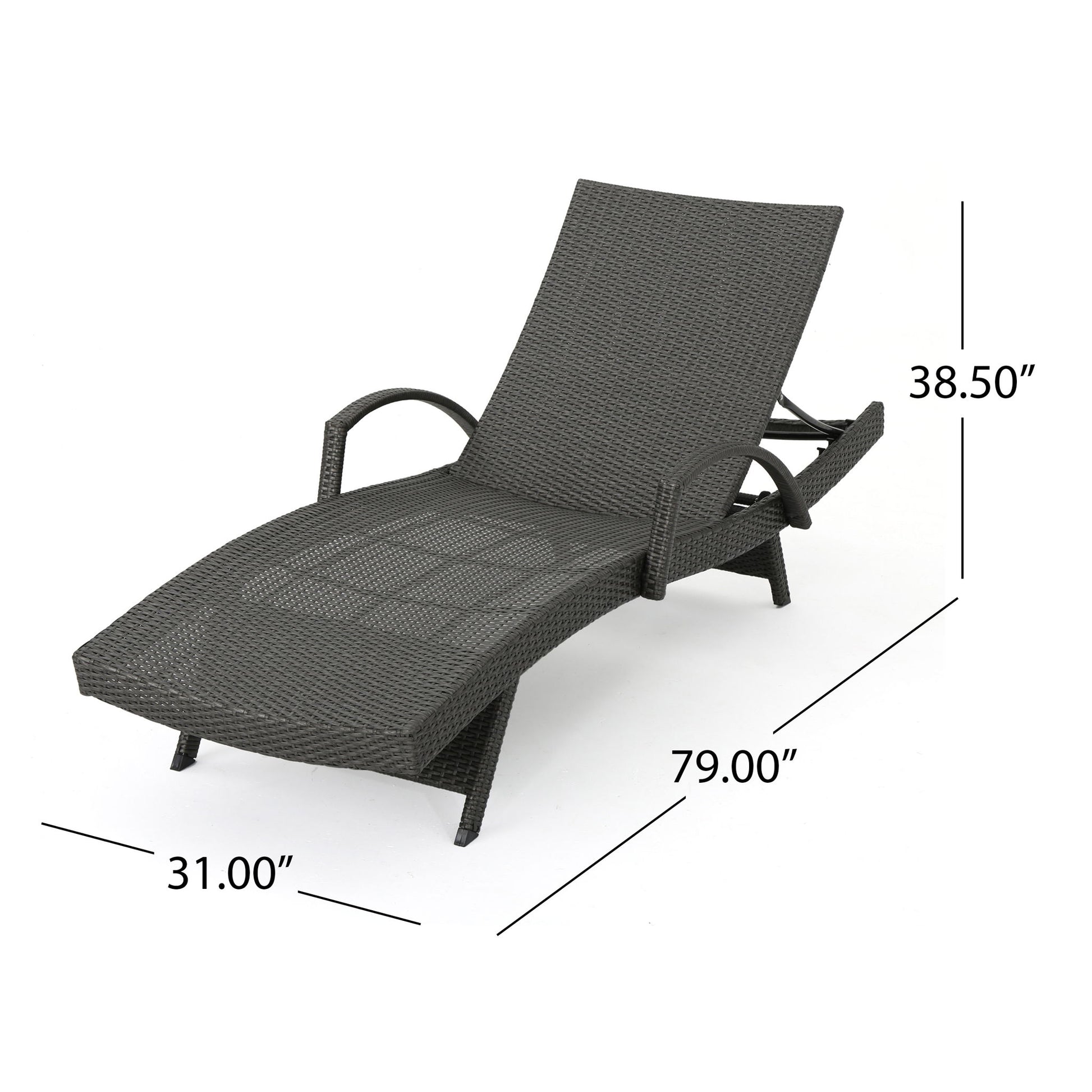 The Salem Contemporary Wicker Chaise Lounge With Arm is shown at an angle in black. It’s weather resistant and measures 79" L x 31" W x 38.5" H at the backrest, with armrests for added comfort.