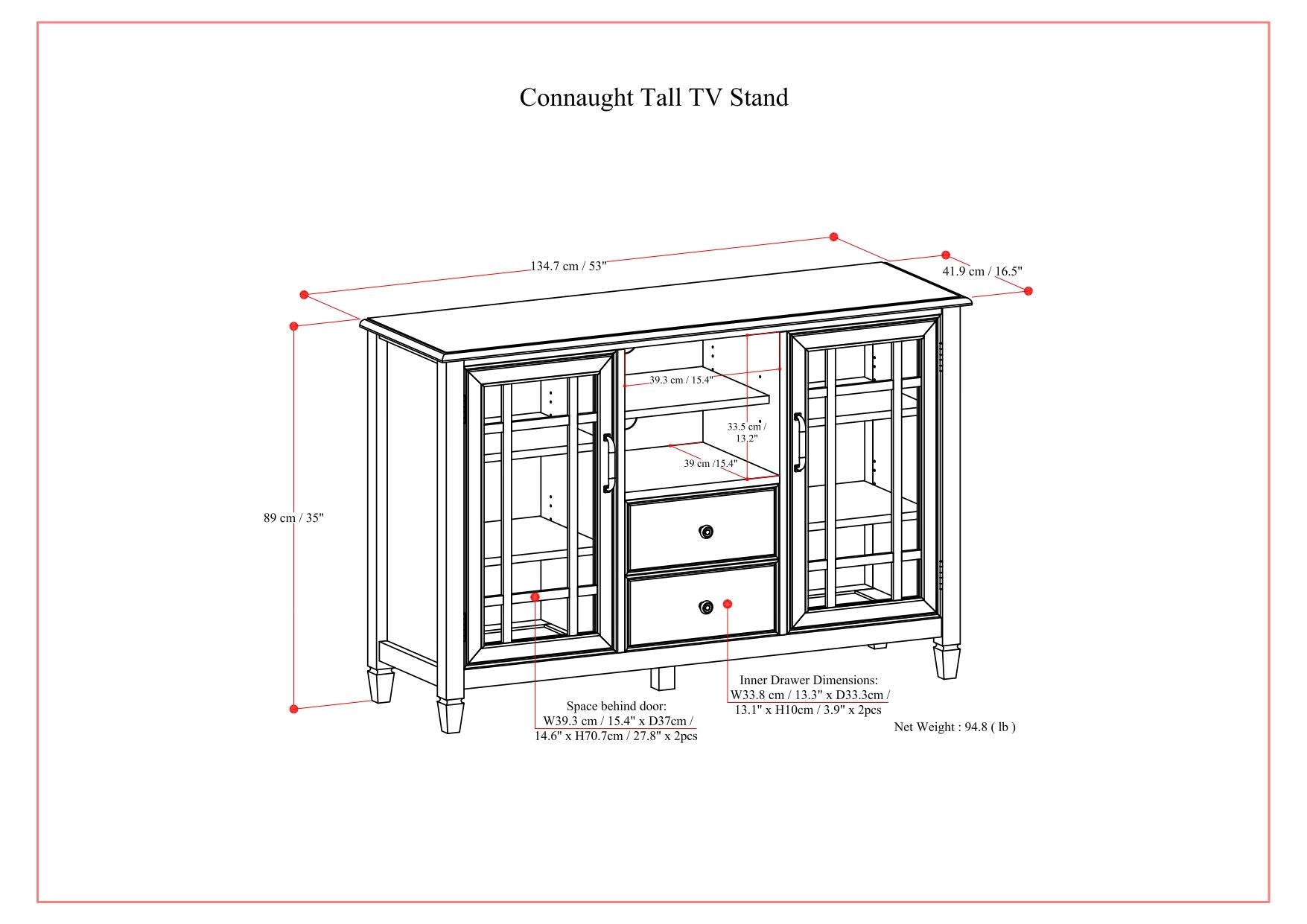 Diagram of the Connaught - Tall TV Stand - Brown, showing labeled dimensions: 137.2 cm (54") wide, 99 cm (39") high, and 41.8 cm (16.5") deep, with indicated shelves, drawers, and glass doors.