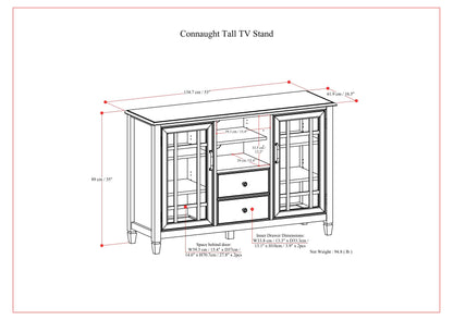 Diagram of the Connaught - Tall TV Stand - Brown, showing labeled dimensions: 137.2 cm (54") wide, 99 cm (39") high, and 41.8 cm (16.5") deep, with indicated shelves, drawers, and glass doors.