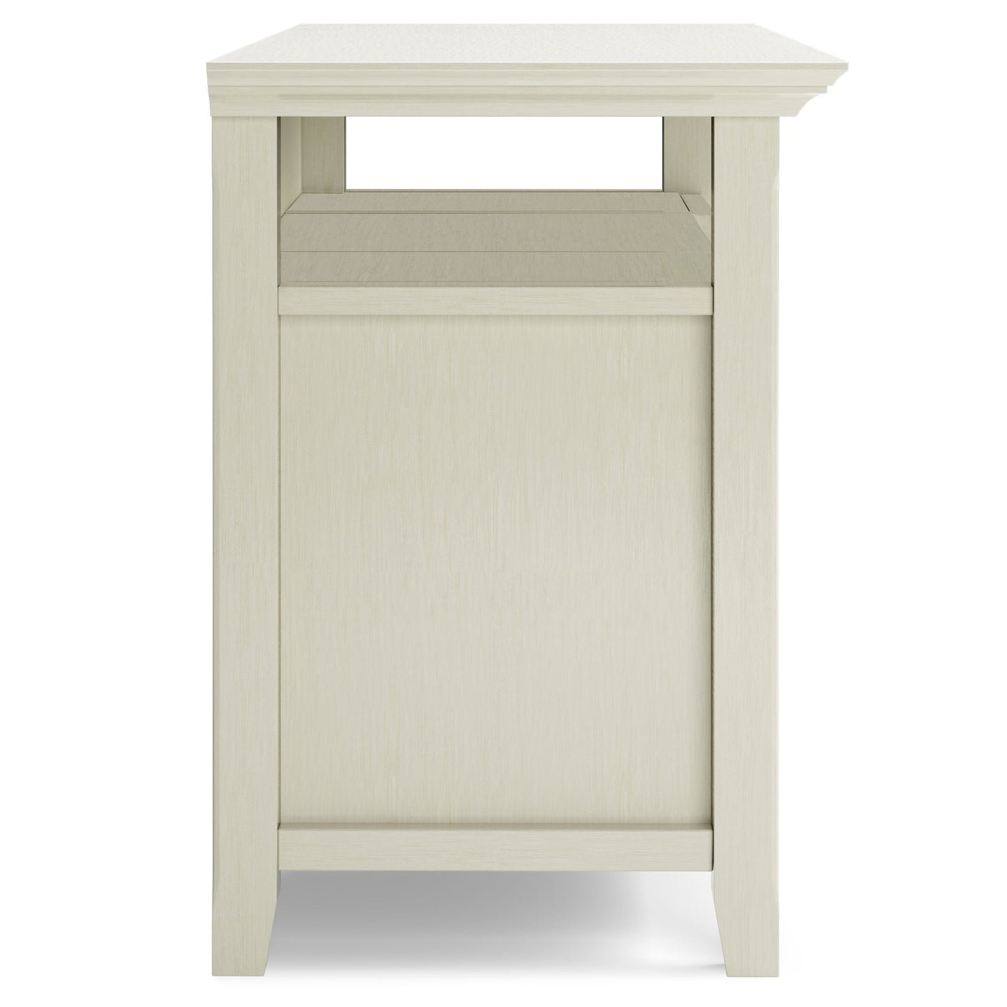 A side view of the Amherst TV Media Stand, handcrafted from light wood with a simple rectangular design, straight legs, a smooth finish, and a shelf below the tabletop.