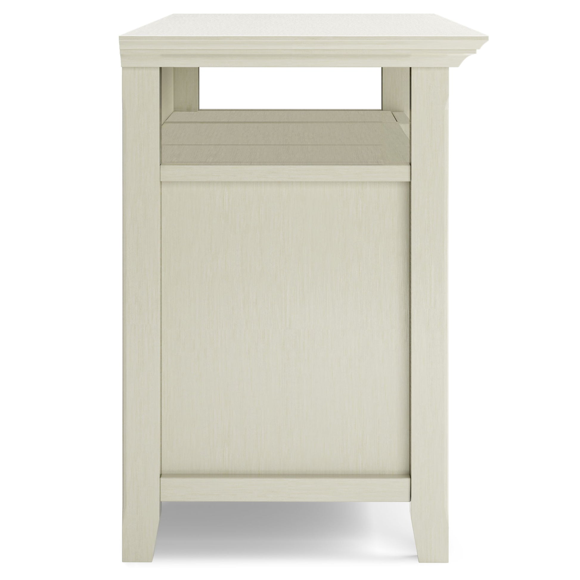 A side view of the Amherst TV Media Stand, handcrafted from light wood with a simple rectangular design, straight legs, a smooth finish, and a shelf below the tabletop.