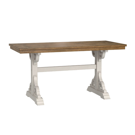 The Haidel - Trestle Dining Table features a rectangular natural wood top and white ornate trestle-style legs joined by a horizontal crossbar.