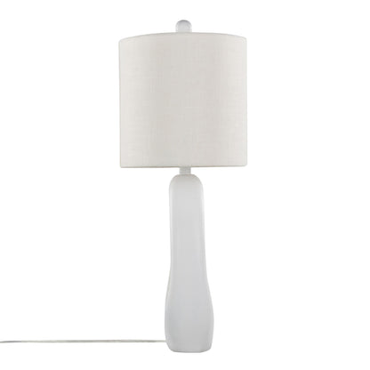 The Pearl - Contemporary Table Lamp (Set of 2) features a matte white ceramic base and natural shell accents, topped with a cylindrical white fabric shade. Includes visible power cord. Shown against a plain white background.