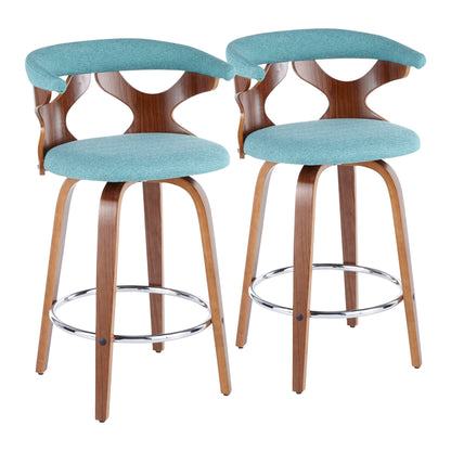The Gardenia - Mid Century Modern Counter Stool (Set of 2) features curved wooden frames, open backrests, round metal footrests, angled wooden legs, and light teal upholstered seats and seat backs for a stylish look.
