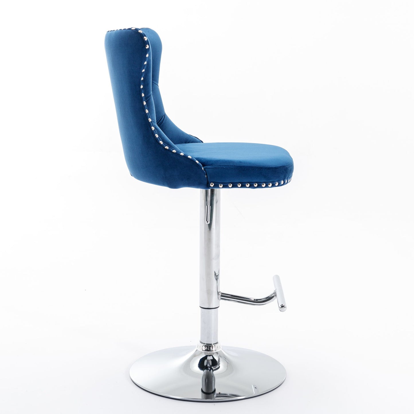The Swivel Velvet Barstools feature blue tufted upholstery, adjustable seat height (25-33"), chrome pedestal base with footrest, and silver stud detailing—modern and comfortable for home pub or kitchen island. Set of 2 shown on white background.