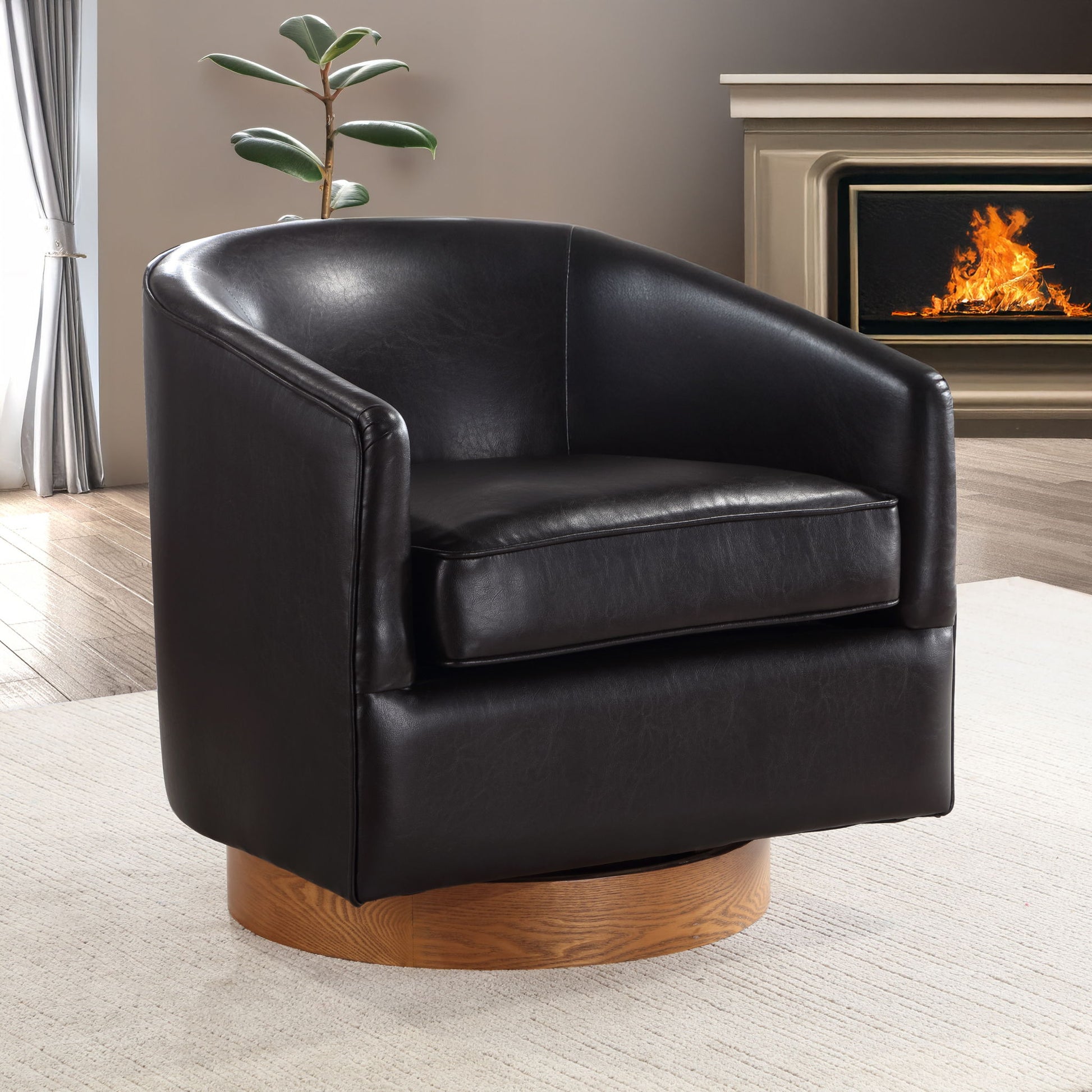 The Maisy - Barrel Swivel Chair in black leather with a wood base sits on a light rug in the living room, with a fireplace and a potted plant in the background.