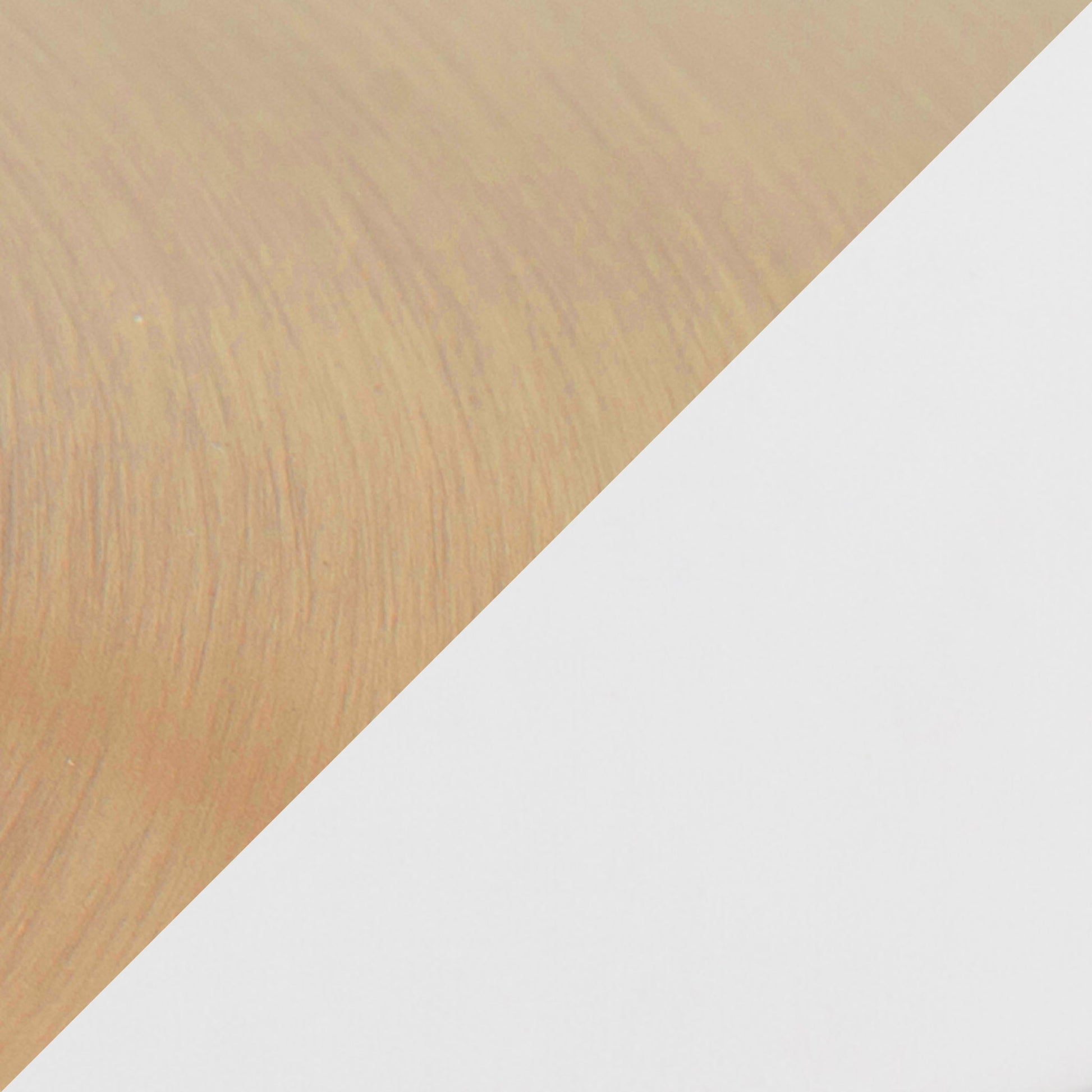 A diagonal line divides the image of the Pebble Contemporary & Glam Adjustable Dining / Bar Table: the upper left shows a textured, light brown wood surface, while the lower right is smooth and plain white.