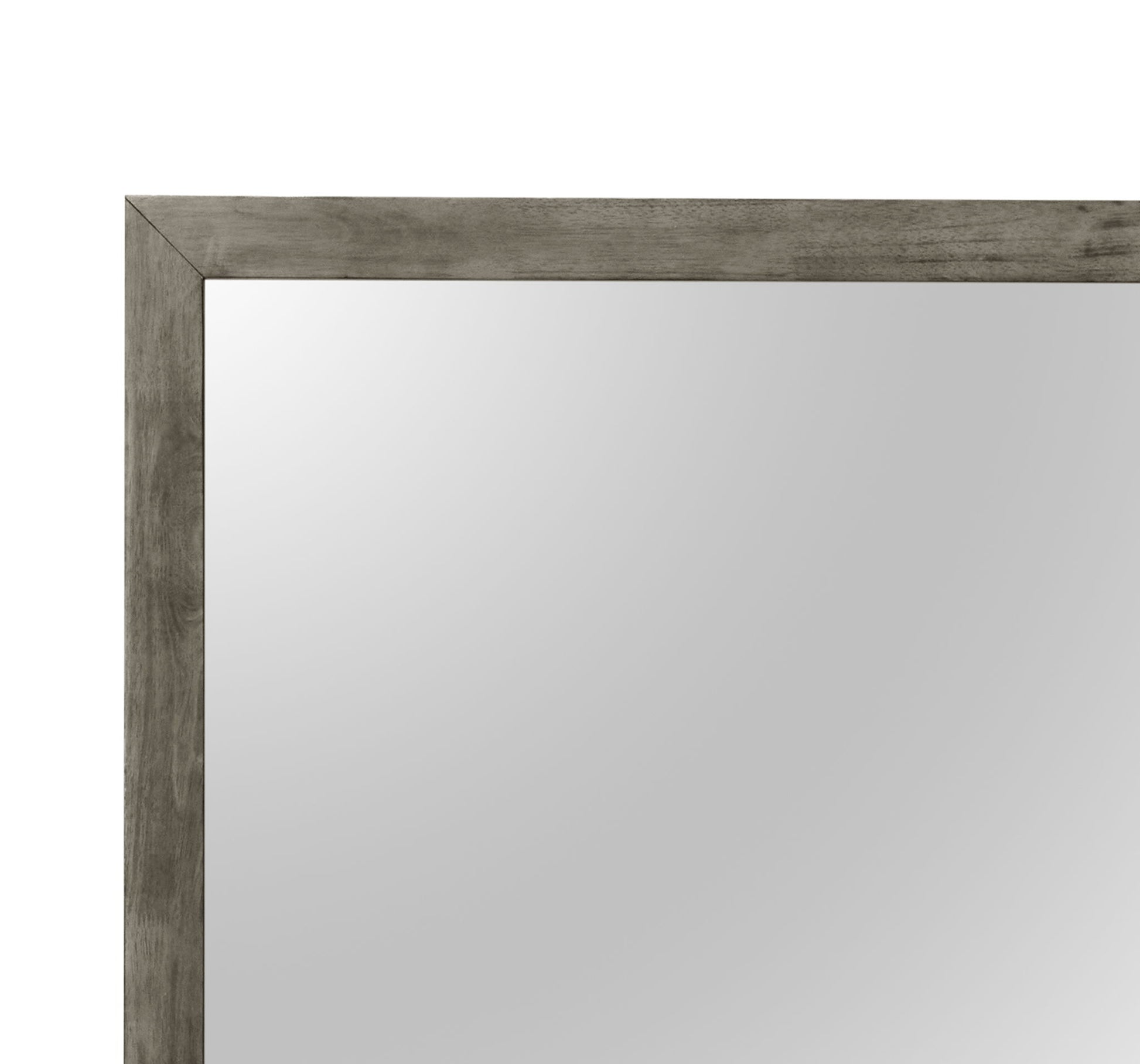 A close-up of the top left corner of the Modern Design Transitional Wall Mirror, featuring a rectangular shape and a grayish-brown wooden frame, reflecting a blank white background.