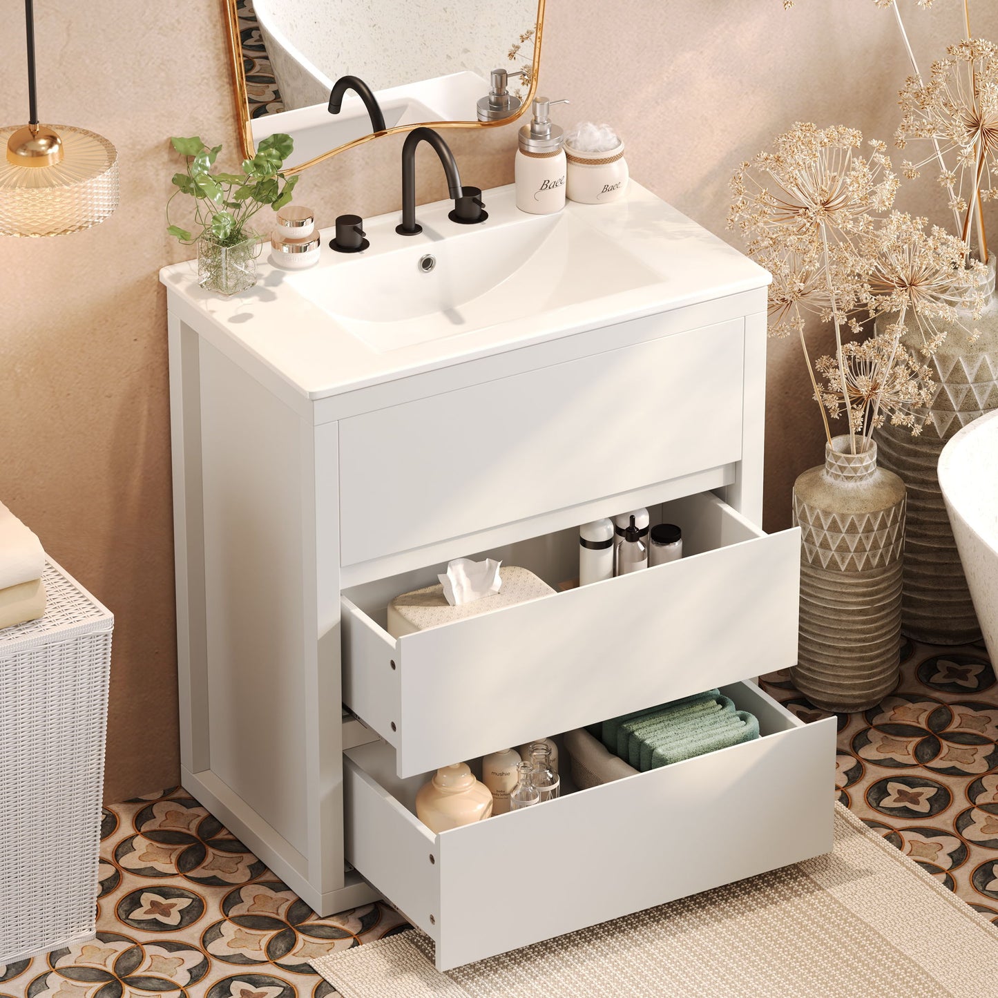 Freestanding Bathroom Vanity With Ceramic Sink, 2 Full Extension Drawers