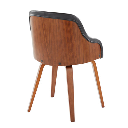 The Bacci Mid Century Modern Dining Chair features a curved wooden back and legs with black cushioned trim along the top edge, shown in an angled rear view.