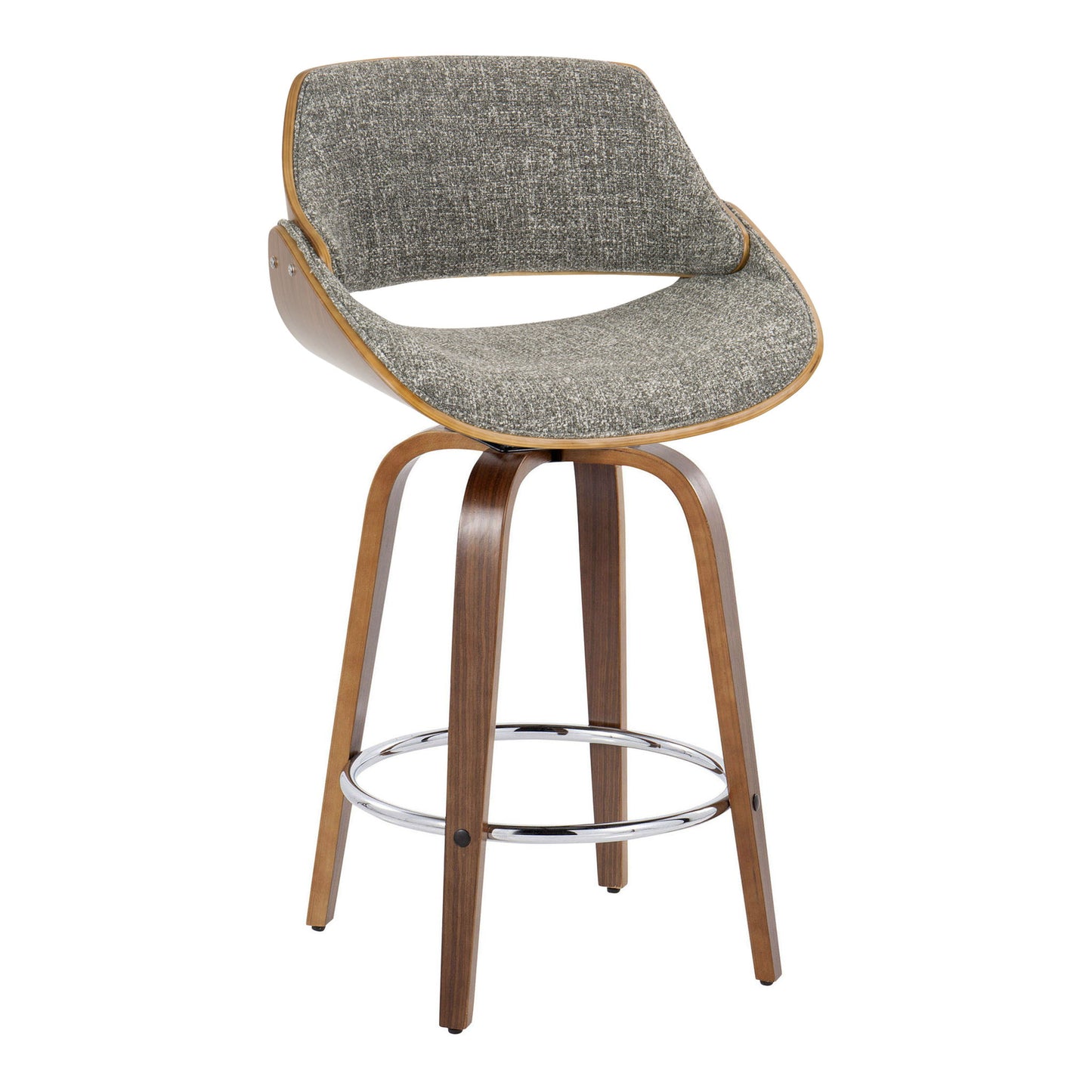The Fabrizzi Mid Century Modern Fixed Height Counter Stool features a curved wooden frame, textured gray upholstered seat and backrest, four angled legs, and a round chrome footrest. Comes as a set of 2 and includes swivel functionality.