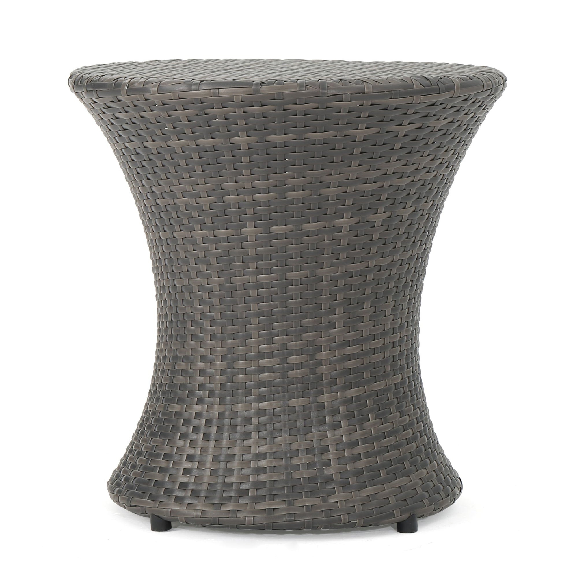 The Thrive Hourglass Rattan Table, featuring a woven brown wicker design without a glass top, is shown against a plain white background.
