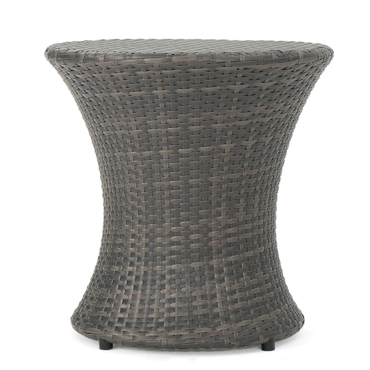 The Thrive Hourglass Rattan Table, featuring a woven brown wicker design without a glass top, is shown against a plain white background.