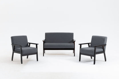 The Bahamas Loveseat and 2 Chair Living Room Set includes two gray armchairs and a matching gray loveseat with dark wood frames, all arranged in a minimalist white setting.