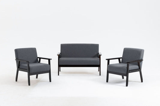 The Bahamas Loveseat and 2 Chair Living Room Set includes two gray armchairs and a matching gray loveseat with dark wood frames, all arranged in a minimalist white setting.