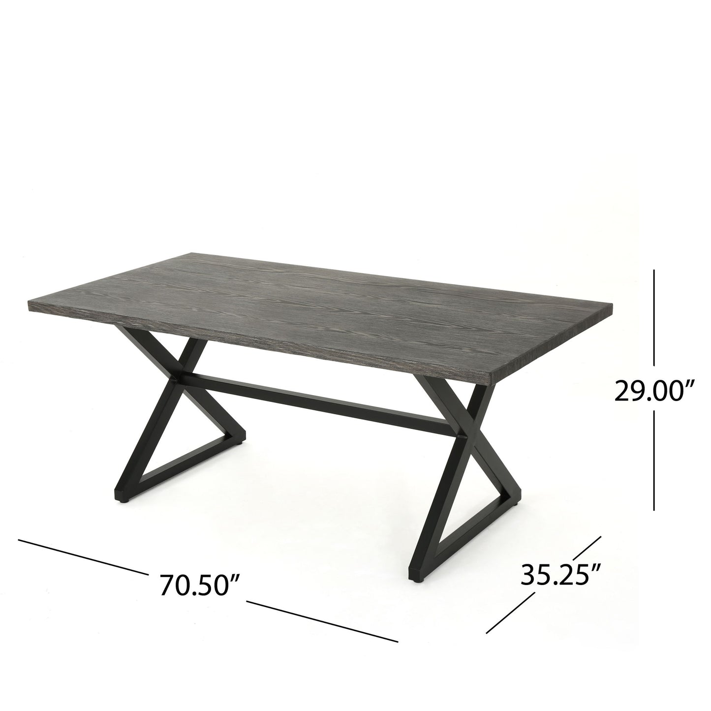 The Rolando Outdoor Aluminum Dining Table features a rectangular dark wood top and X-shaped black steel legs. Dimensions: 70.5" L x 35.25" W x 29" H. Presented against a white background.