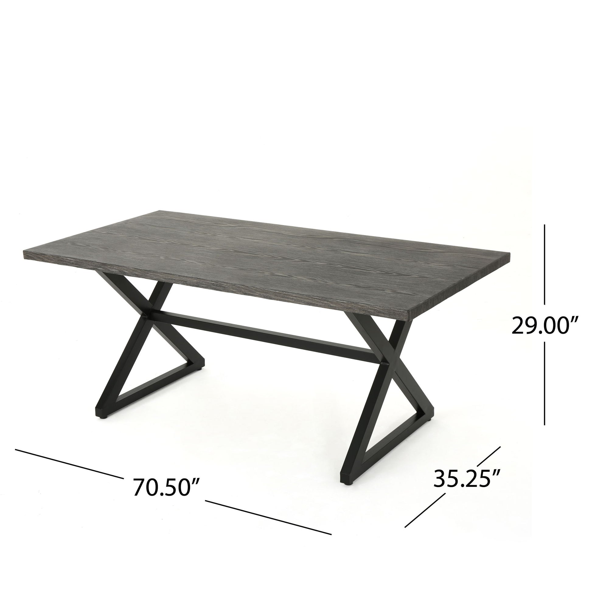The Rolando Outdoor Aluminum Dining Table features a rectangular dark wood top and X-shaped black steel legs. Dimensions: 70.5" L x 35.25" W x 29" H. Presented against a white background.