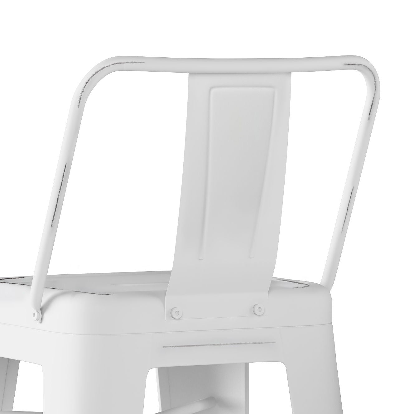 A close-up view of the Rayne - Multifunctional Metal Stool showcases its white metal seat and backrest with a minimalist, industrial design featuring a flat back panel and angled arms.