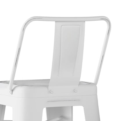 A close-up view of the Rayne - Multifunctional Metal Stool showcases its white metal seat and backrest with a minimalist, industrial design featuring a flat back panel and angled arms.