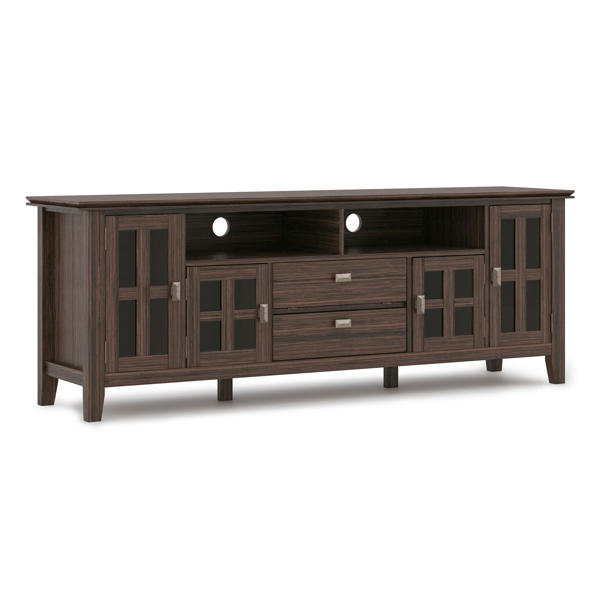 The Artisan TV Media Stand features two central drawers, two open shelves above, and glass-paneled cabinets on each side. The back panel includes circular cutouts for easy cable management.