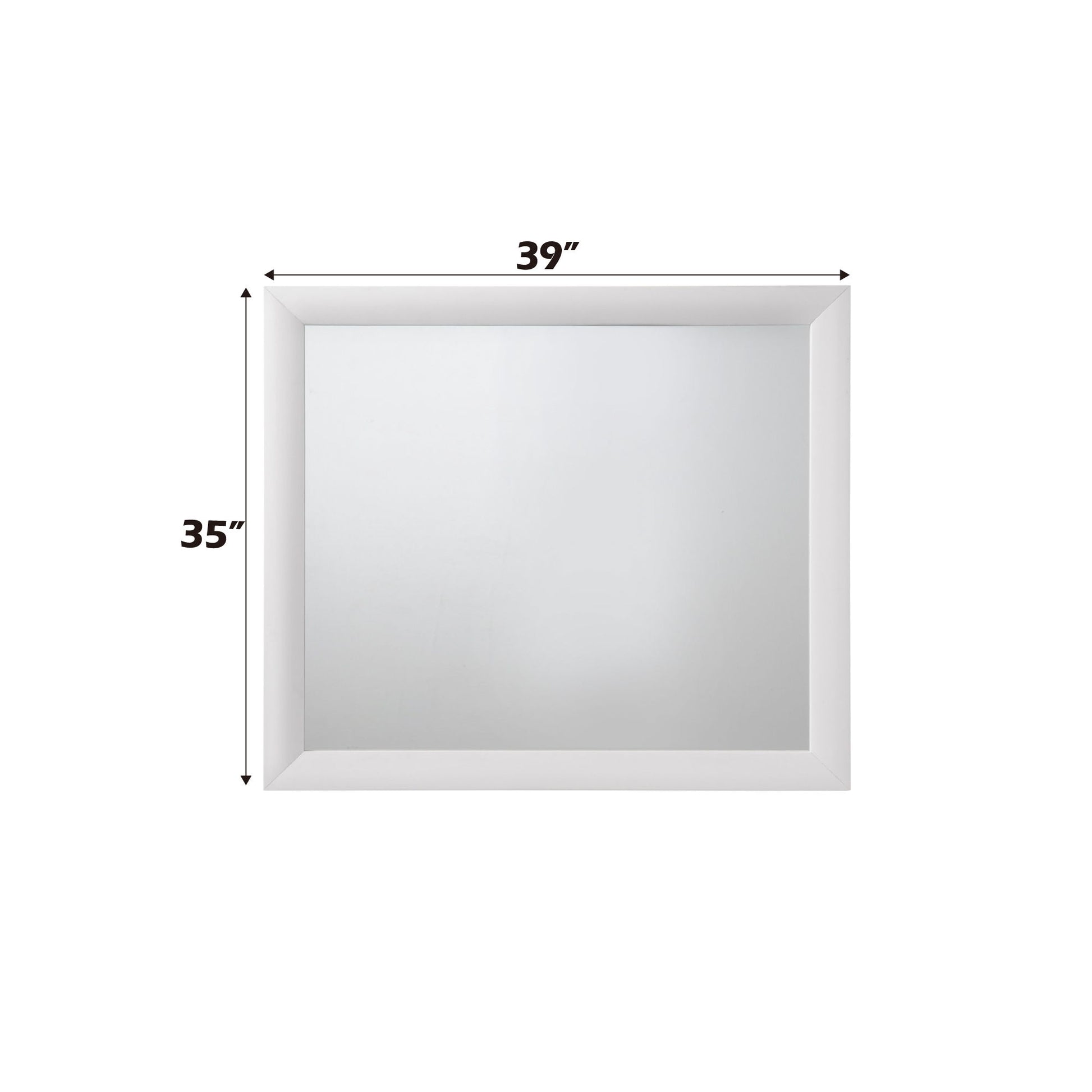 The Ireland - Contemporary Design Mirror, featuring a white frame, is displayed against a white background with dimensions of 39 inches wide by 35 inches tall.