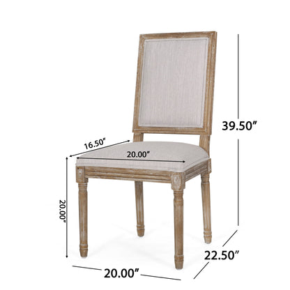 The French Country Style Dining Chair features fluted legs and a light beige upholstered seat and backrest. Dimensions: 39.5" H x 20" W x 22.5" D; seat height 20", seat depth 16.5".