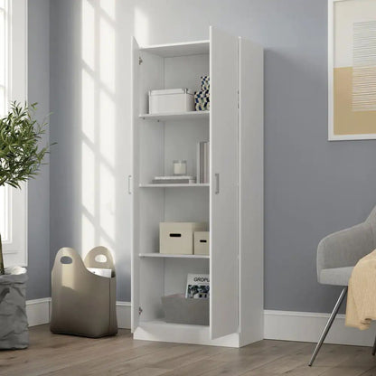 The Alara - Height Simplistic Modern Double Door Storage Cabinet in white stands against a gray wall in a bright room, its open doors revealing shelves with boxes, books, and decor. A beige storage bin sits on the floor near a large window and plant.