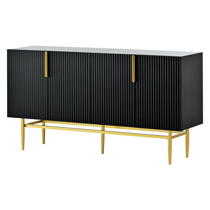 The Modern Elegant 4 Door Sideboard features vertical grooved black doors, gold metal handles, and matching gold legs, ideal for dining rooms, living rooms, bedrooms, or hallways. Displayed against a white background.