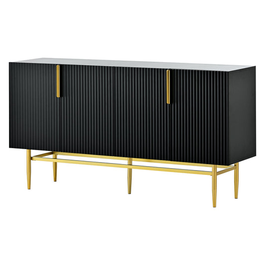 The Modern Elegant 4 Door Sideboard features vertical grooved black doors, gold metal handles, and matching gold legs, ideal for dining rooms, living rooms, bedrooms, or hallways. Displayed against a white background.