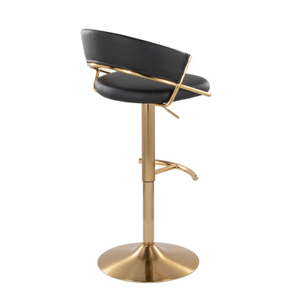 The Jie Contemporary Adjustable Barstool (Set of 2) features a black cushioned seat and backrest, gold metal frame and base, rounded T footrest, and sleek swivel design for a modern look.