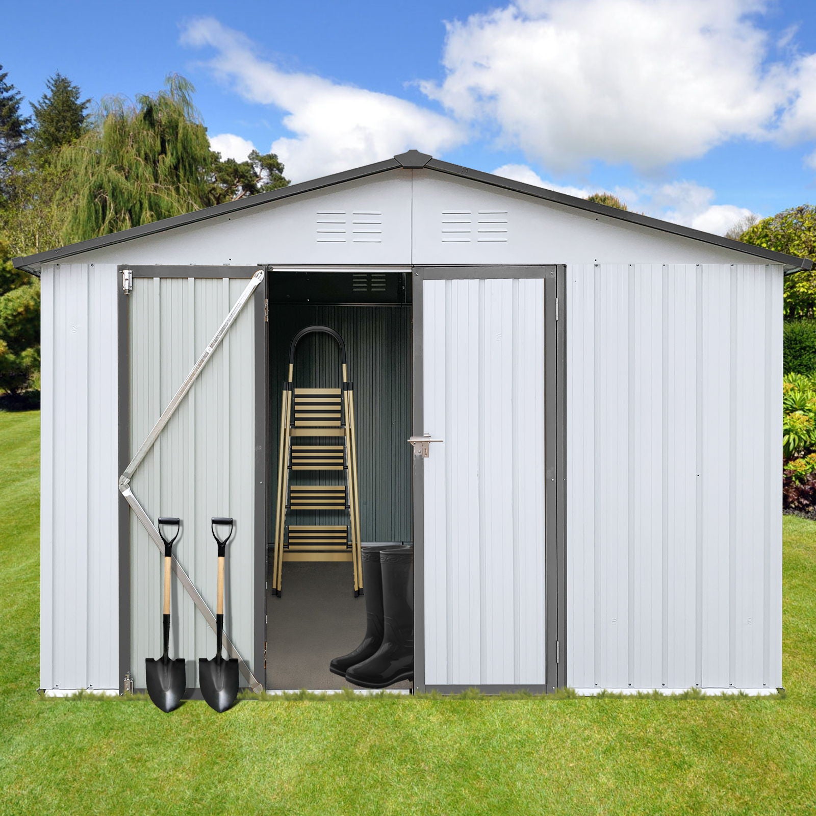 A 10' x 12' Garden Sheds Outdoor Storage Shed with open double doors displays a ladder and black rubber boots inside, two shovels leaning on the left door. The shed is set on a grassy lawn with trees behind it.