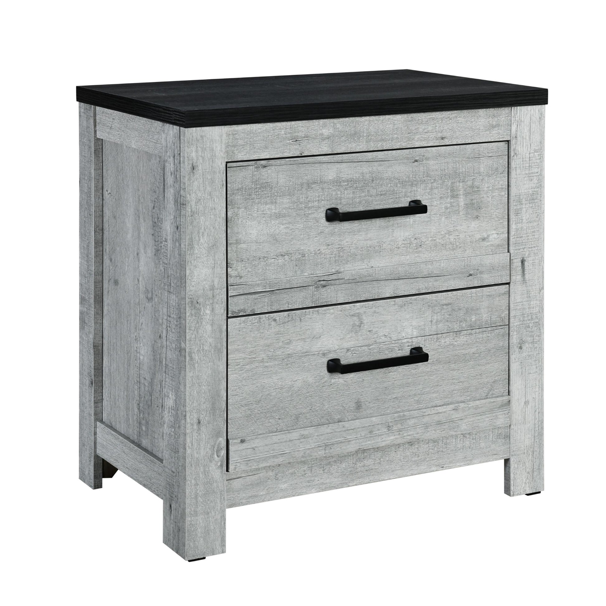 The Couch.com Kicks Nightstand features two drawers, a durable wood construction with a gray wash finish, black metal handles, and a contrasting dark top. Shown against a white background, it offers modern style and weather-resistant design.