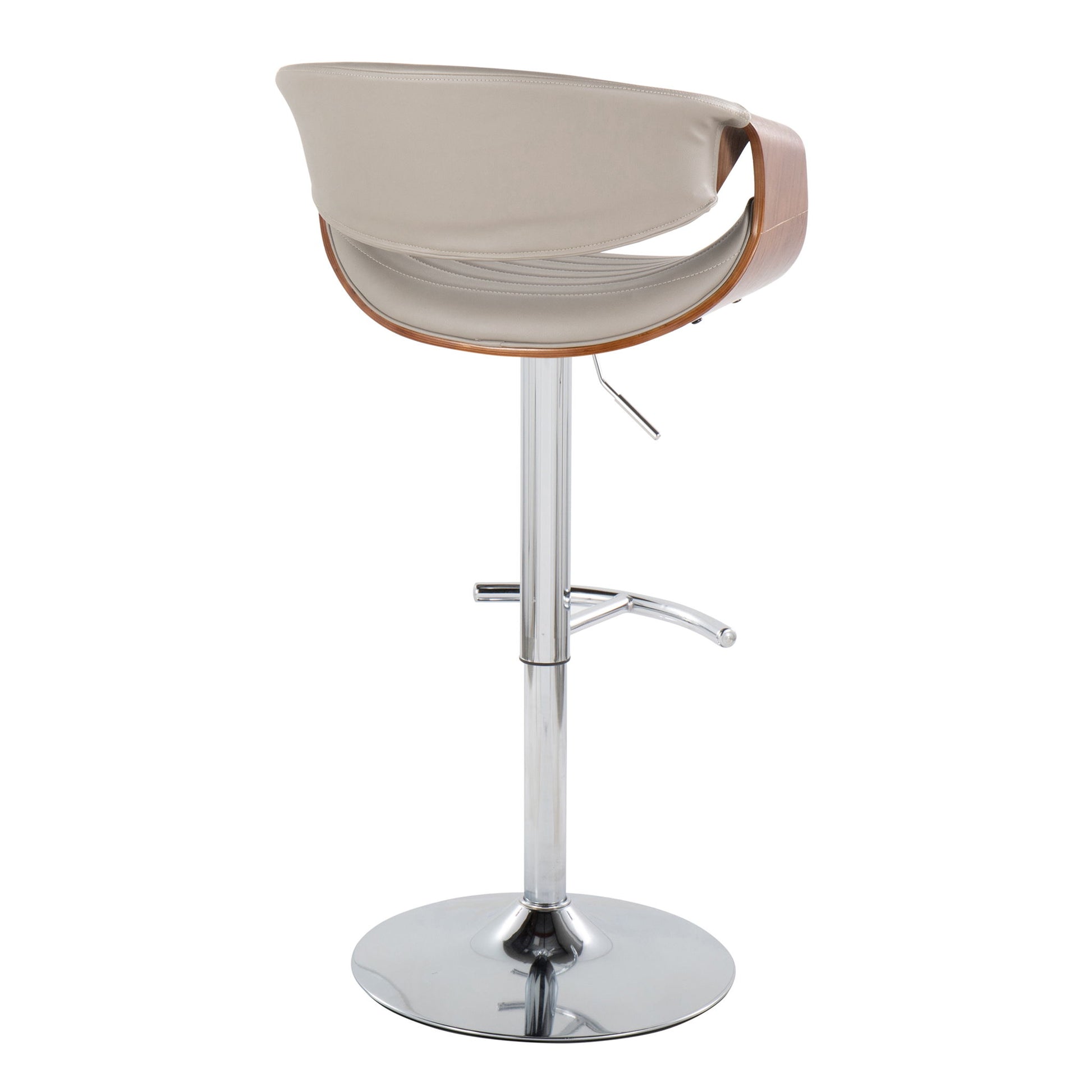 The Symphony Mid Century Modern Adjustable Barstool Set of 2 features a curved beige seat, wooden side accents, a rounded T-footrest, and a round chrome base, shown from the back.