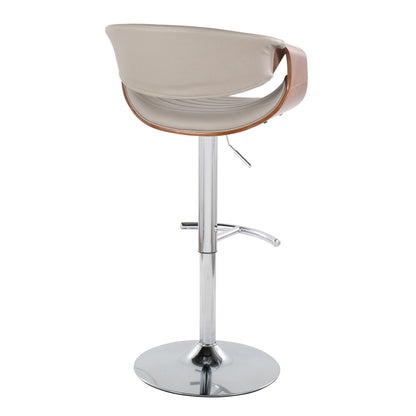 The Symphony Mid Century Modern Adjustable Barstool Set of 2 features a curved beige seat, wooden side accents, a rounded T-footrest, and a round chrome base, shown from the back.
