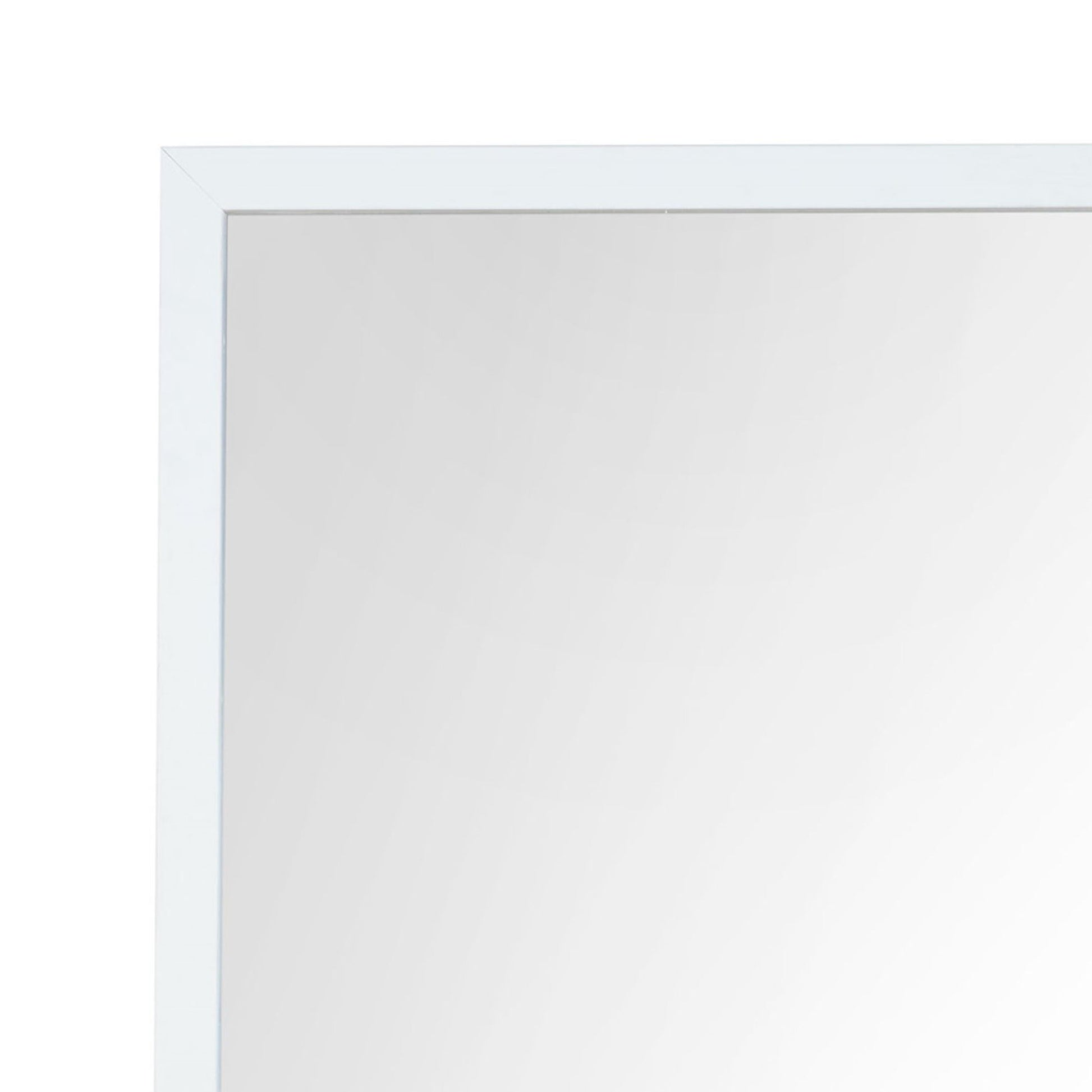 A close-up of the upper left corner of the Couch.com Maloise Mirror White, featuring a modern wood frame with a white finish, set against a plain white background.