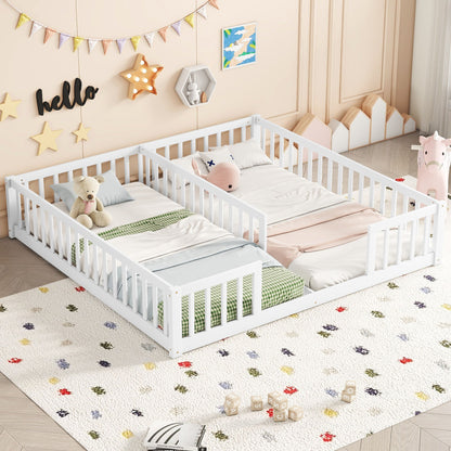 Two Double Floor Beds With Fence and guardrails, set side by side in a pastel-themed kids' bedroom, feature soft blankets, pillows, stuffed animals, a decorative rug, playful wall art, and a plush pink unicorn toy for added coziness.