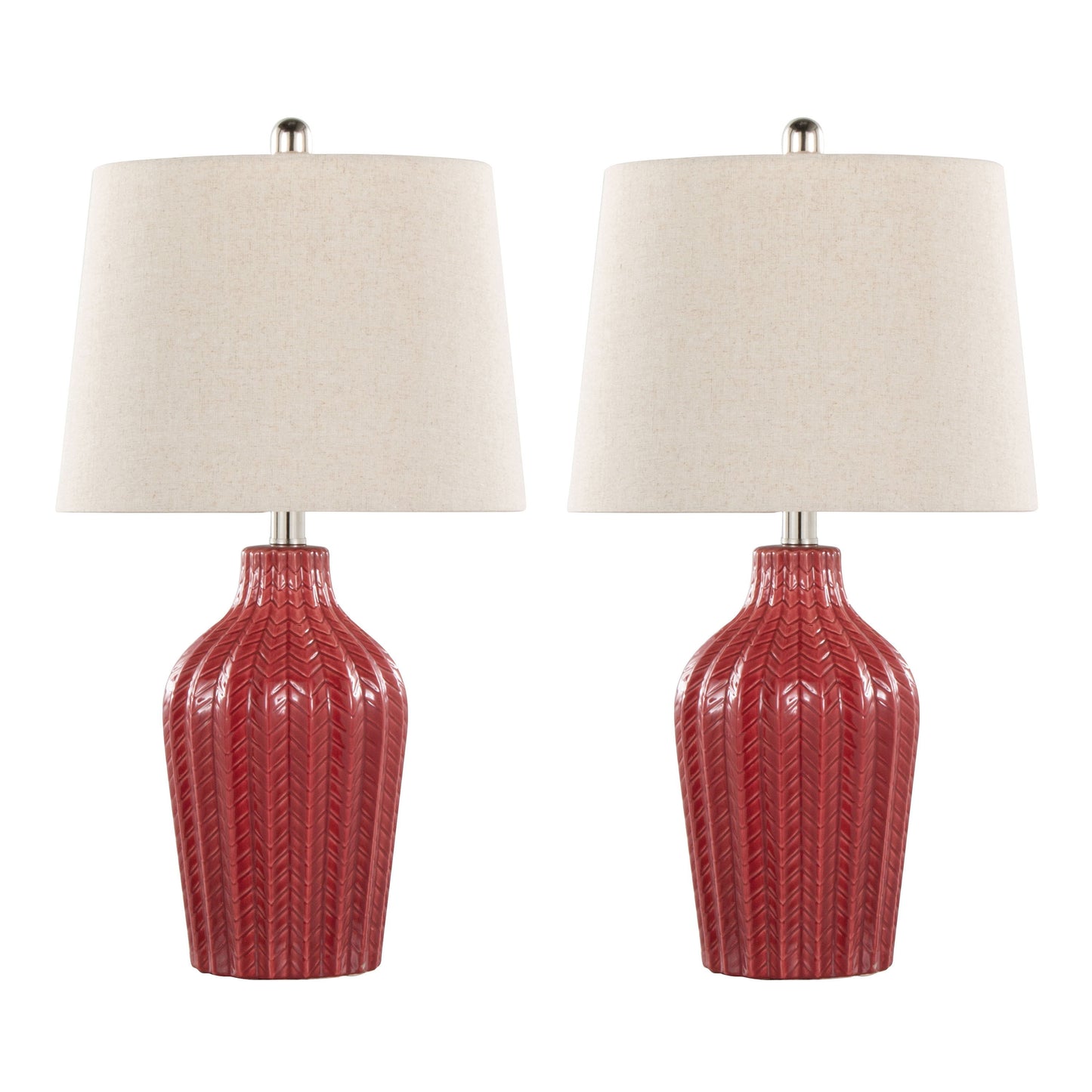 The Rockwell Contemporary Table Lamp set includes two matching lamps with textured red ceramic bases featuring a vertical chevron pattern and off-white fabric shades. Each lamp is topped with a metal finial and they are displayed side by side against a white background.